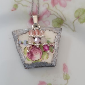 Pink & Blue Flower Broken China Soldered Pendant Necklace