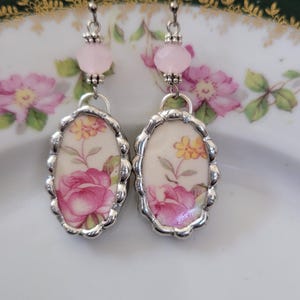 Pink Rose & Yellow Flower Broken China Soldered Earrings