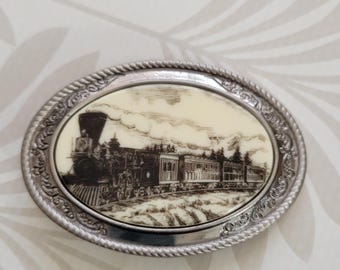 1970s-1980s Oval Faux Scrimshaw Steam Locomotive Belt Buckle Western Railroadiana