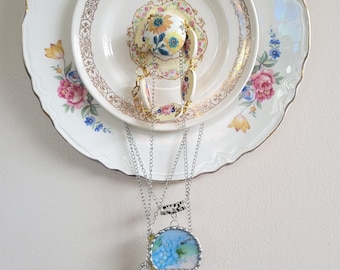 Vintage English Rose Upcycled Plate Hanging Jewelry Holder