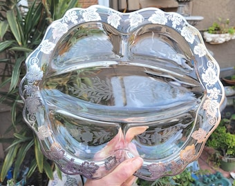 Cambridge Etched Glass with Silver Overlay Filigree Five-Part Divided Serving Dish - 1940's