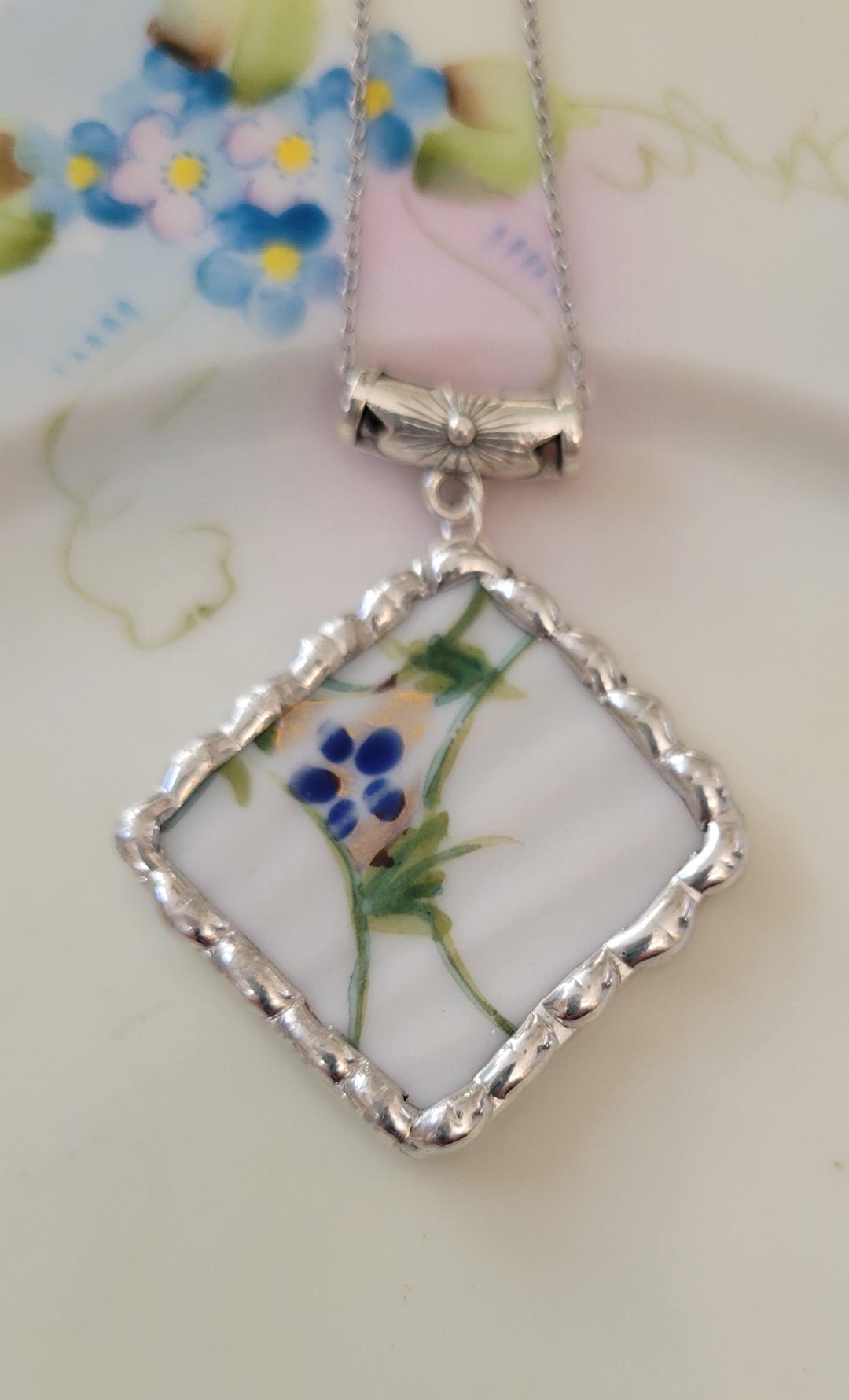 Soldered Blue Broken China Stylized Blue Flower & Leaves Soldered Pendant Necklace - Etsy