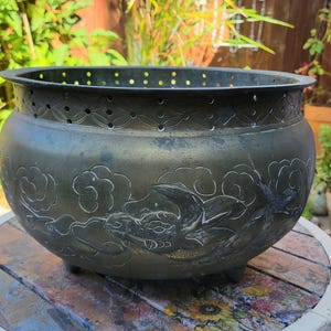Large Vintage Asian Brass Hand-Engraved Dragon Motif Brazier – Chinoiserie Statement Planter