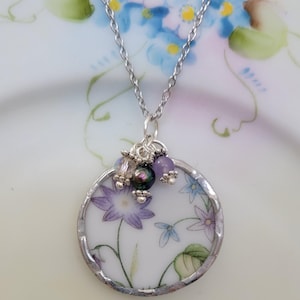 Purple Flower Broken China Soldered Pendant Necklace