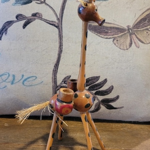 Unique Hand Carved Wooden African Hand Painted Giraffe with Water Containers  - 9&quot;