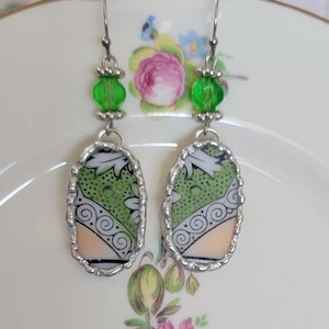 Green, Black & White Broken China Soldered Earrings