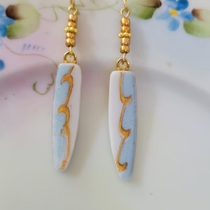 Baby Blue, Gold & White Broken China Earrings