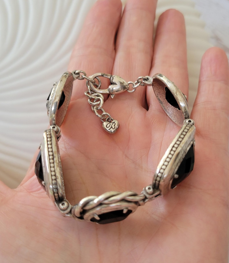 Brighton Silver Plated Black Glass Panel Link Bracelet, Adjustable Statement Cuff bild 5