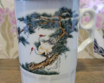 Vintage Tatung Porcelain Lidded Tea Mug, Red Crowned Cranes Pine Tree Design (Original Box)