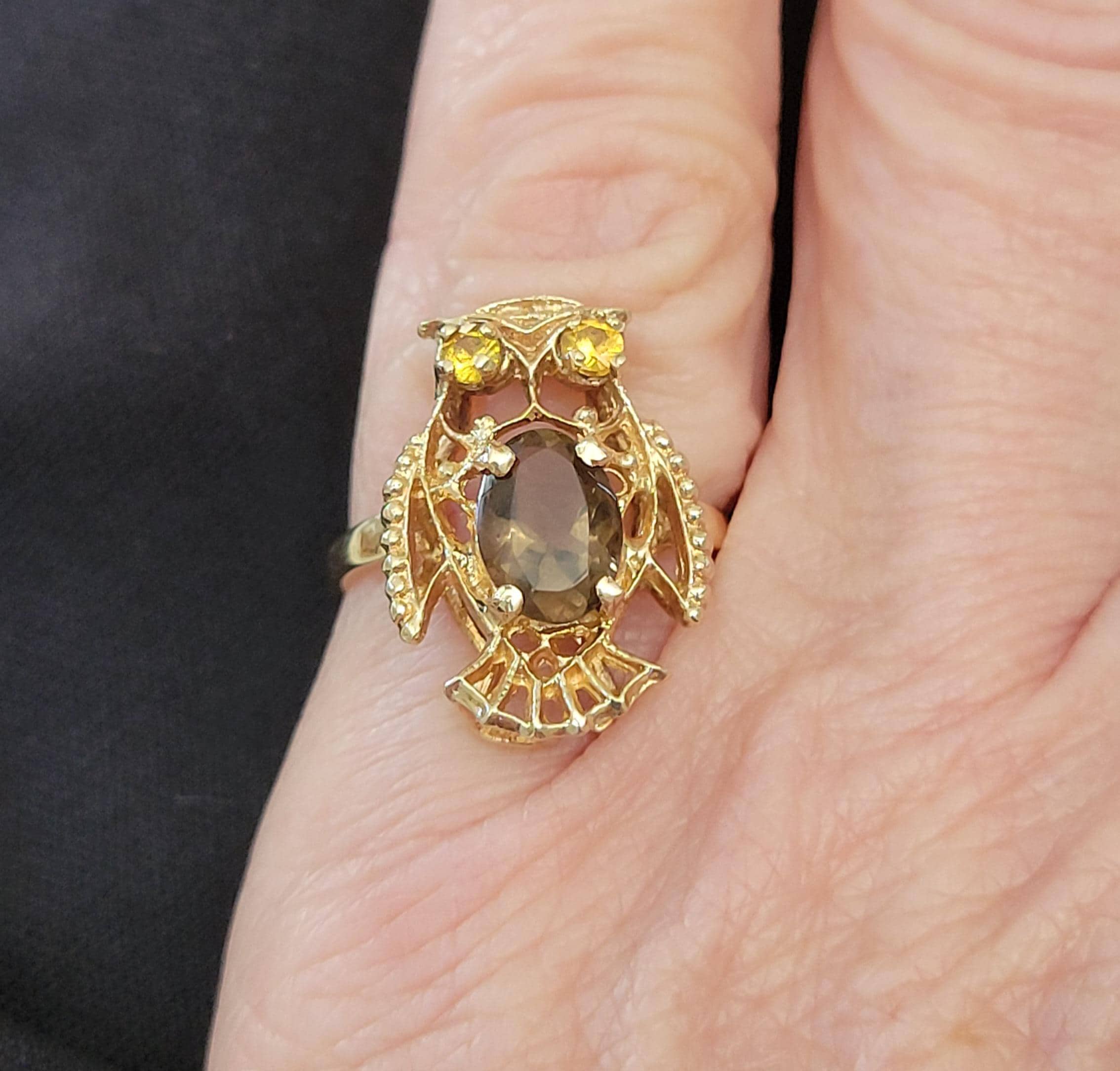 Vintage 14K Solid Gold Owl Ring &mdash; Smoky Quartz & Citrine Eyes, 1970s, Size 5.5