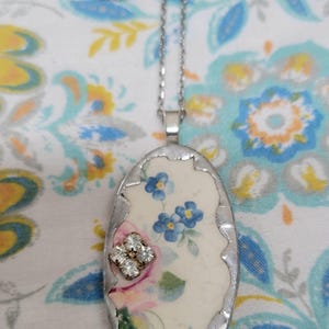 Broken China Vintage Blue Flowers Soldered Pendant Necklace with Chain