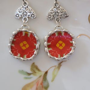 Red & Yellow Broken China Soldered Earrings