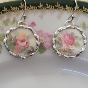Pink Rose & Yellow Flowers Broken China Soldered Earrings