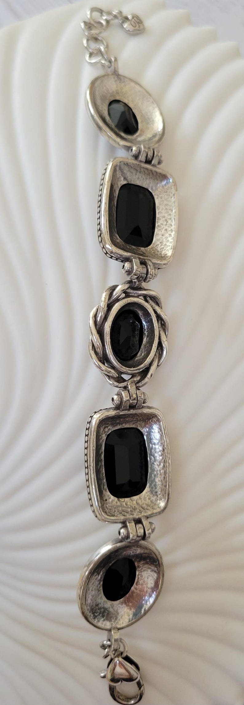 Brighton Silver Plated Black Glass Panel Link Bracelet, Adjustable Statement Cuff bild 3