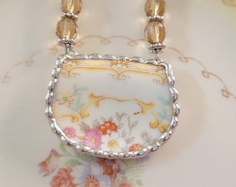 Broken China Noritake Floral Soldered Pendant Necklace with Vintage Beads