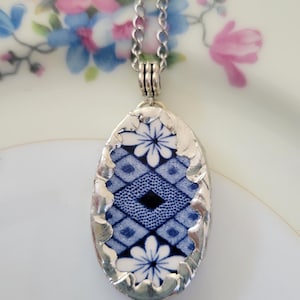 Blue & White Flower Broken China Soldered Pendant Necklace