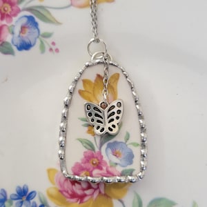 Golden Tulip Broken China Soldered Pendant Necklace with Butterfly Charm