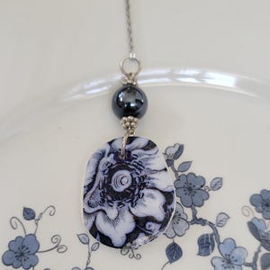 Blue & White Botanical Antique Broken China Reversible Pendant Necklace