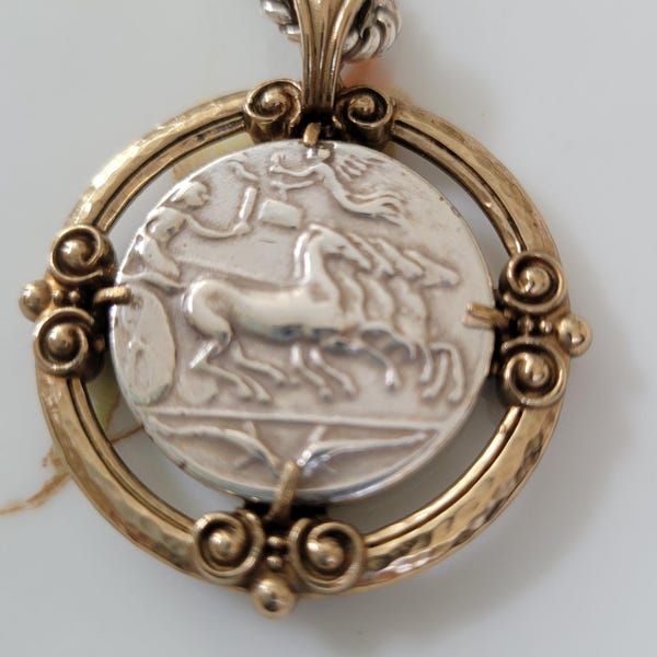 Brighton Reversible Goddess Coin Pendant Necklace – Silver & Gold Tone Ancient Greek Chariot Medallion