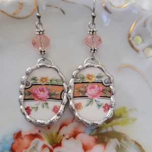 Pink Rose with Flowers Broken China Soldered Earrings