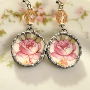 Pink Rose Broken China Soldered Earrings