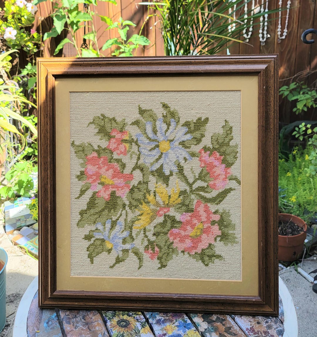 Vintage Handmade Floral Needlepoint Wall Art — Wildflower Bouquet, Wood ...