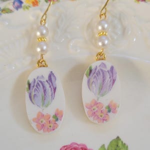 Purple Tulip & Pink Flower Broken China Earrings with Pearls