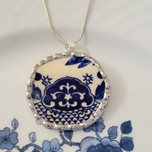 Blue & White Japanese Blue Willow Broken China Soldered Pendant Necklace