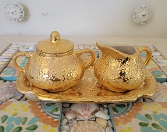 Amazing Vintage 1950s Weeping Bright Gold Hand Decorated Cream and Sugar Set with Tray
