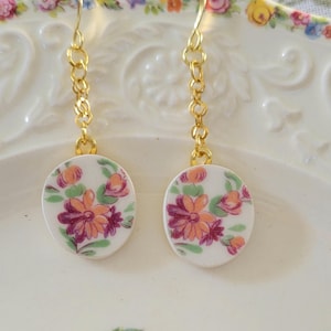Floral Bouquet Broken China Earrings on Chains
