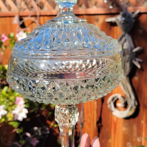 Indiana Glass Diamond Point Tall Footed Compote or Candy Dish with Lid - 1960s