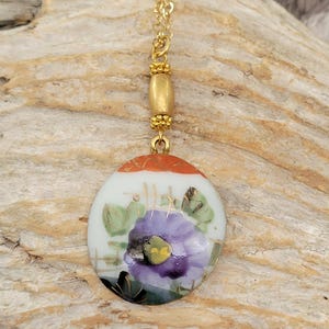 Colorful Purple Flower Porcelain Vintage Broken China Pendant Necklace with Chain