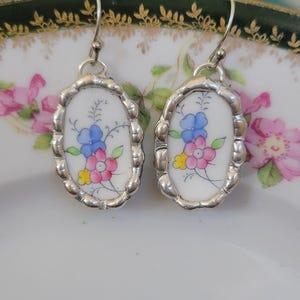 Pink & Blue Flower Broken China Soldered Earrings