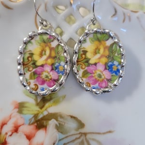 Colorful Flowers Vintage Broken China Soldered Earrings