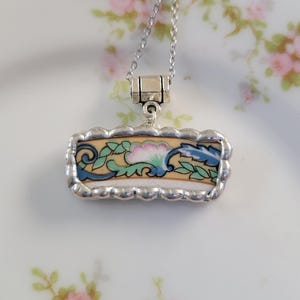 Blue & Green Botanical Broken China Soldered Pendant Necklace