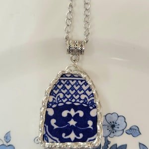Blue & White Japanese Blue Willow Broken China Soldered Pendant Necklace