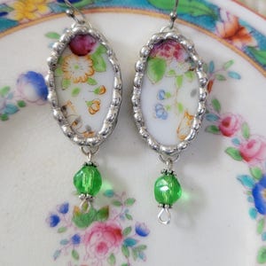 National China Hand Painted Flowers Broken China Soldered Earrings