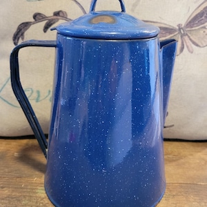Blue Speckled Enamel Coffee Pot Percolator - Mid Century Enamelware