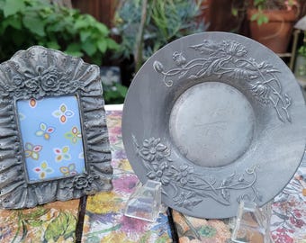 Victorian Pewter Picture Frame – Floral Rose Design, 3x2 Photo - Plus Plate