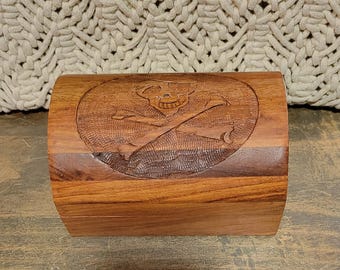 Vintage 1980s Hand Carved Indian Rosewood Pirate Treasure Chest Box Skull Crossbones Wood Trinket Box