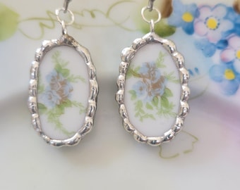 Handmade Broken China Earrings, Vintage Bavarian Porcelain Dangles, Upcycled Blue Roses