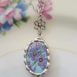 Purple Flower Broken China Soldered Pendant Necklace