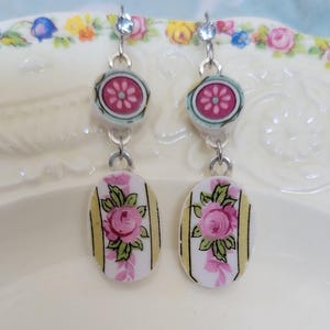Pink Rose Broken China Double Dangle Earrings