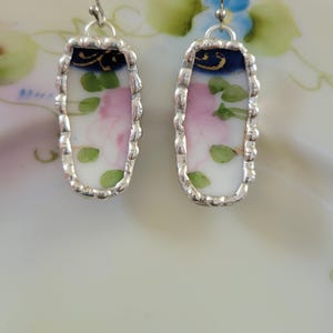 Pink Flower & Green Leaves Broken China Soldered Earrings