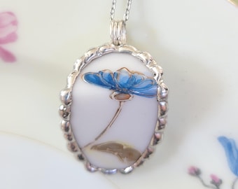 Antique Blue Flower Curved Broken China Soldered Pendant Necklace