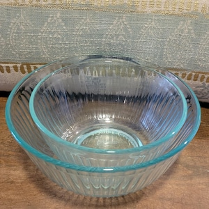 Pyrex Sculpted Mixing Bowls Clear Aqua Glass with Ribbed Design - Set of Two - 1980&#39;s