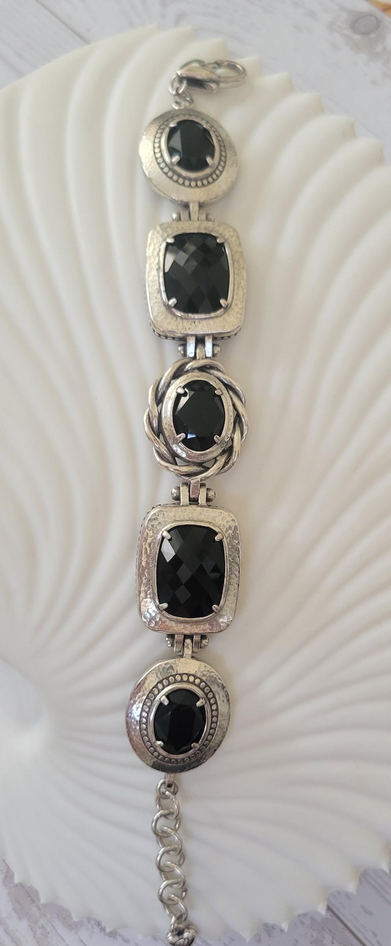 Brighton Silver Plated Black Glass Panel Link Bracelet, Adjustable Statement Cuff bild 1