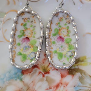 National China Hand Painted Flowers Broken China Soldered Earrings
