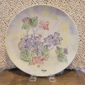 Hand Painted Hydrangea Flower Plate Signed by Artist Estelle Floral Pottery 11.5"