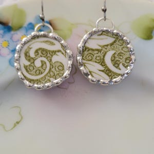 Broken China Green & White Swirly Leaf Soldered Earrings